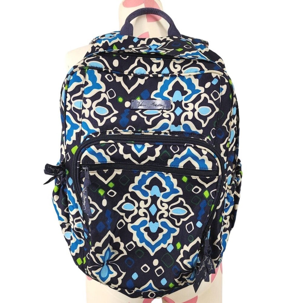 Vera Bradley Canvas Large Backpack Ink Blue Retired Pattern Padded Straps Pretty